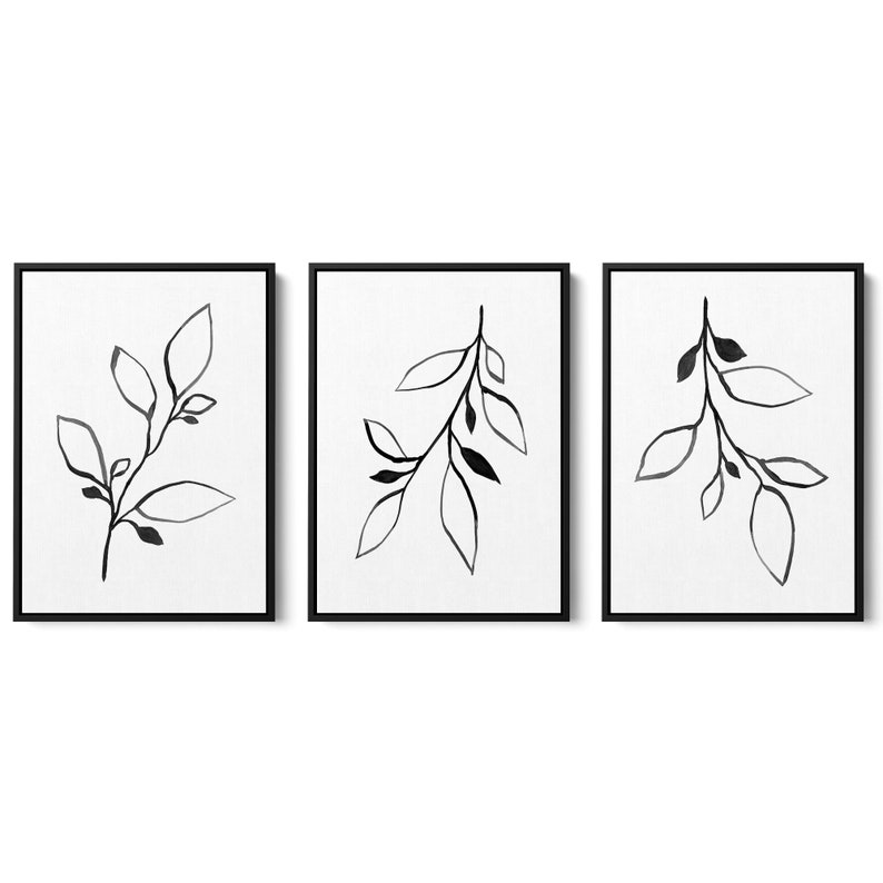 Black and White Contemporary Botanical Ink Painting Print Set Etsy