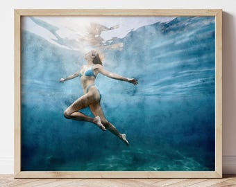 Woman Swimming Underwater, Rising to the Surface, Blue Watercolor Painting Print