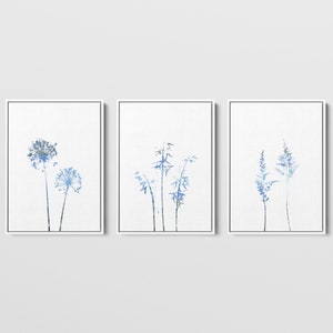 Blue Minimalist Wildflower Set of 3 Modern Botanical Prints - Paper or Canvas - Framed or Unframed