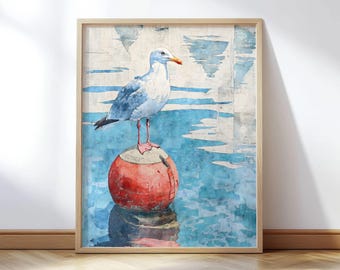Seagull on Red Buoy Coastal Watercolor Wall Art Print