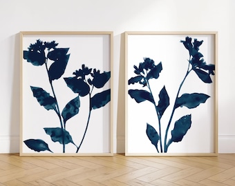 Navy Blue Floral Silhouette Art Set of 2 Modern Botanical Prints