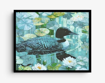 May include: A framed wall art print featuring a black and white loon swimming in a pond filled with light blue and yellow lily pads and white water lily flowers. The artwork uses a cool colour palette with shades of teal and turquoise.