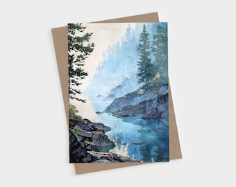 Tarjeta de felicitación plegada en blanco con una mañana brumosa en el Lago Superior - Paisaje de acuarela azul melancólico