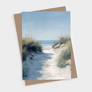 Beach Dune Path Greeting Card - Blue and Beige Coastal Watercolor Blank Folded Note Cards