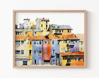 Valparaíso, Chile - Impresión en acuarela de un paisaje urbano de Sudamérica con edificios coloridos