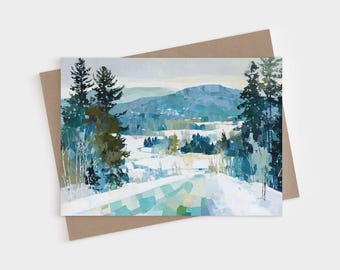 Abstracted Winter Mountain Blank Folded Note Cards - Snowy Forest Greeting Card
