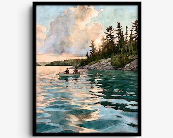 Stampa artistica di una canoa del Voyageurs National Park, paesaggio acquerellato del lago Minnesota nei toni del verde acqua e pesca.