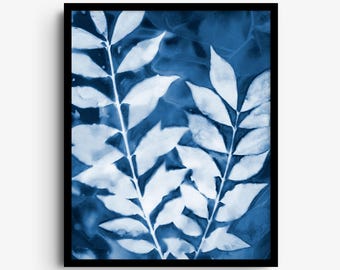 Stampa cianotipica di foglie - Arte murale botanica blu ispirata alla natura