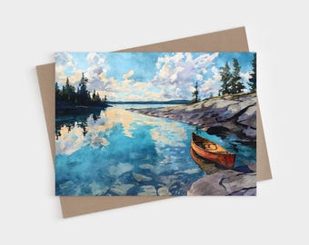 Tarjetas plegables en blanco del Área de Canotaje de Boundary Waters - Papelería con escena de lago en acuarela