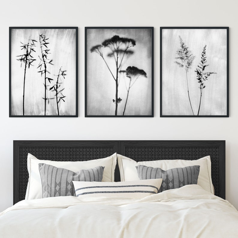 Floral Wall Art Set Black and White Flower Photography Modern Farmhouse Wall Decor Set of 3 Botanical Prints