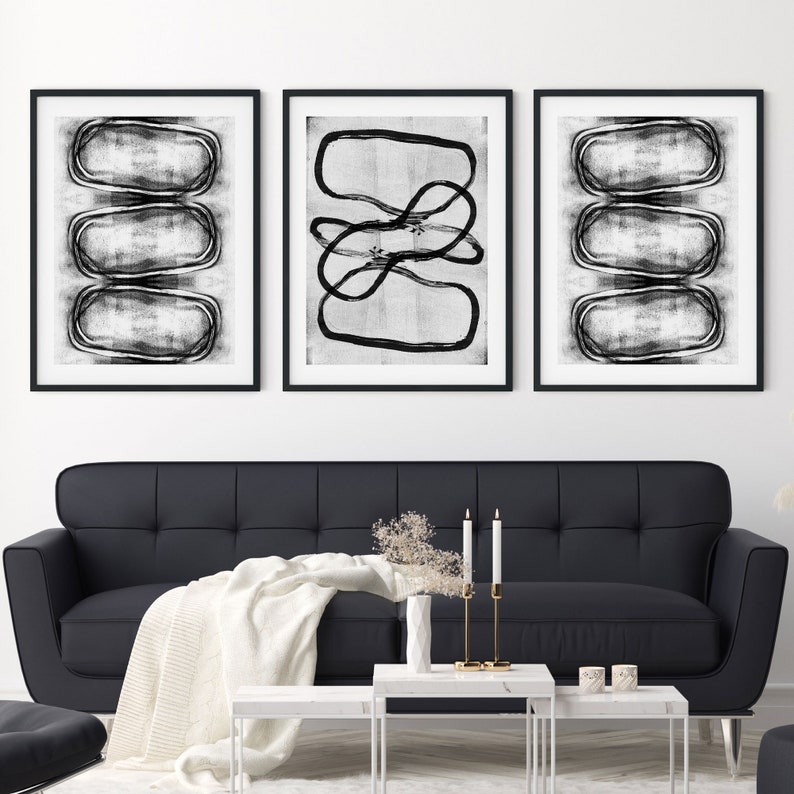 Contemporary Minimalist Wall Art Black and White Set of 3 Modern Geometric Abstract Prints Fine Art Paper or Canvas
