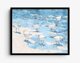 May include: A watercolour painting in a black frame depicting six small white shorebirds with orange beaks and thin legs standing on a sandy beach at the edge of shallow, rippling blue ocean water with visible reflections.