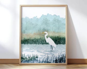 Misty White Egret Watercolor Print - Blue Green Wetland Bird Wall Art