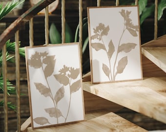 Set di 2 stampe artistiche con silhouette botaniche beige - Decorazione floreale moderna, minimalista e neutra
