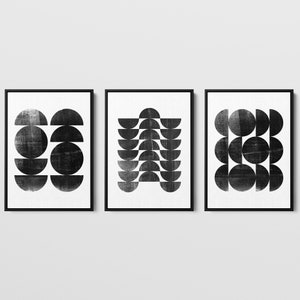 Set of 3 Black and White Circles Mid Century Modern Geometric Abstract Prints - Paper or Canvas