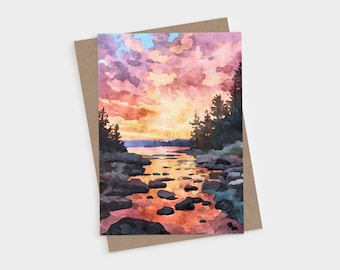 North Woods Sunset River Greeting Card - Forest Watercolor Landscape Blank Folded Note Cards