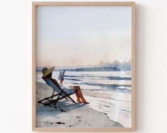 Mujer leyendo en Sunset Beach - Lámina decorativa de acuarela con temática costera para pared