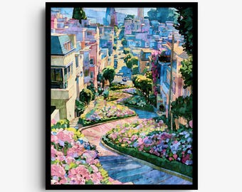 May include: A vertical painting of a winding street lined with multi-story buildings in shades of cream, blue, and purple. The road curves downward, bordered by vibrant pink and purple flower beds, with green trees and a clear sky in the distance.