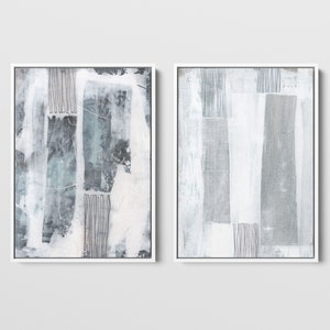 Set of 2 Blue Grey and White Modern Abstract Painting Prints - Paper or Canvas