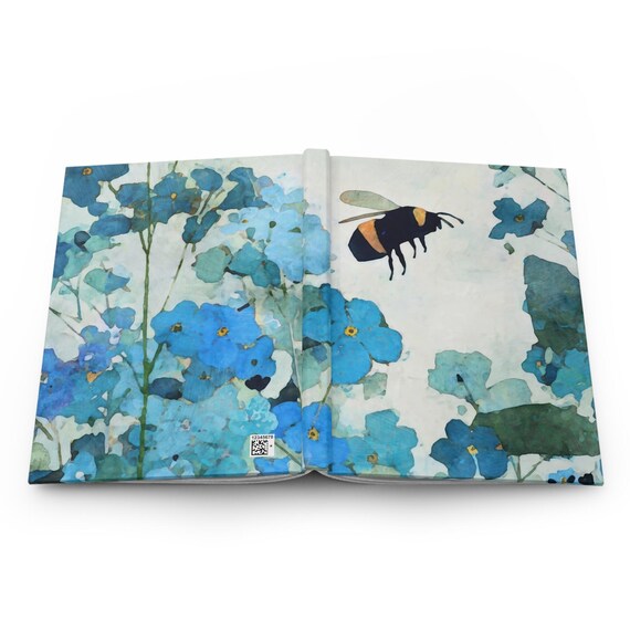 Bumblebee Forget-Me-Not Hardcover Journal - Blue Watercolor Floral Notebook - Nature Writing Diary