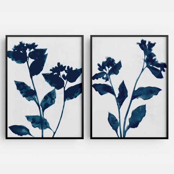 Set of 2 Blue Contemporary Flower Prints Indigo Botanical | Etsy