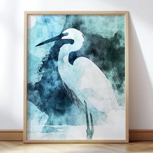 Witte zilverreiger aquarelprint - minimalistische kustvogelkunst - groenblauw en marineblauw