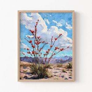 Lámina artística en acuarela de Ocotillo Desert Bloom - Decoración de pared con paisaje del suroeste de Big Bend
