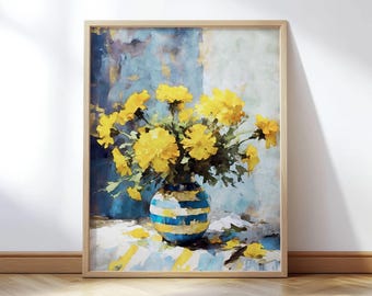 Yellow Marigolds in Blue Striped Vase - Impressionist Watercolor Painting Print