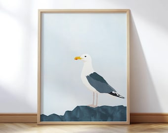 Coastal Seagull Wall Art Print - Blue and Gray Modern Minimalist Bird Illustration