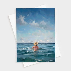 Into the Sea Folded Note Card Set - Woman in Ocean Painterly Coastal Stationery - Blank Inside - Envelopes Included