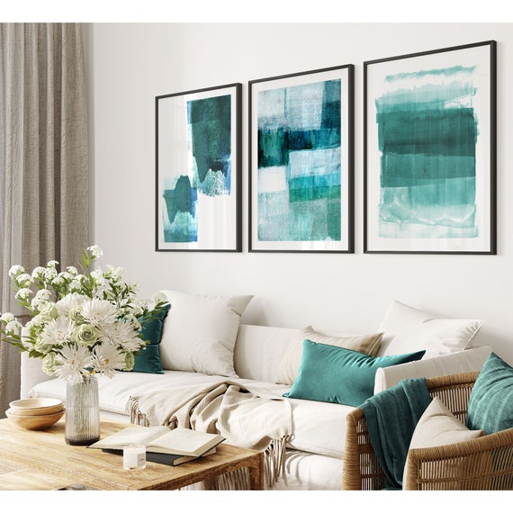 Teal Blue Green Abstract Watercolor Painting Print Set of 3 - Etsy