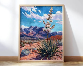 Yucca Desert Bloom Art Print - Southwest Mountain Landscape with Blue Sky & Red Rock