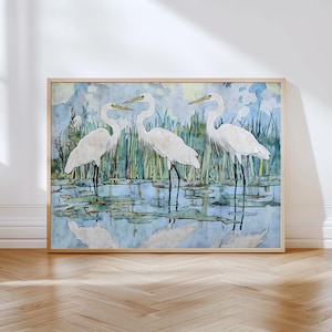 Egret Trio Marsh Watercolor Illustration - Wading Birds Wetland Impressionist Wall Art Print - Paper or Canvas - Framed or Unframed
