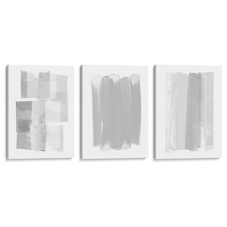Fine Art Paper or Canvas Modern Minimalist Wall Art Grey /& White Contemporary Abstract Painting Set of 3 Prints