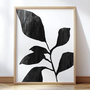 Black and White Modern Minimalist Botanical Silhouette Painting &quot;Six Leaf Plant&quot; Print