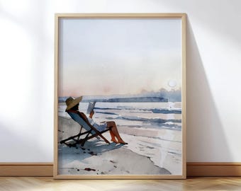 Woman Reading at Sunset Beach - Watercolor Coastal Wall Art Print