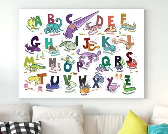 ABC, PREHISTORIC Alphabet. A3 Colourful Art Print. Nursery Wall Art. Fun Education. Kids Birthday Gift. Trilobite. Opabinia. Anomalocaris