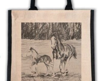 Horse and Foal Shopping Market Jute Bag  Clydesdale Lover Fan Useful Eco Gift Natural Environmentally Friendly Hand Screen Printed
