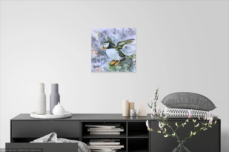 Puffin Canvas Art Print Square Medium Wildlife Sea Bird Watcher Lover Fan Gift Grey Green Wall Art Picture Home Decor Hayley Mills