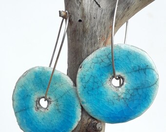 Two-tone earrings - turquoise and white - in raku ceramic