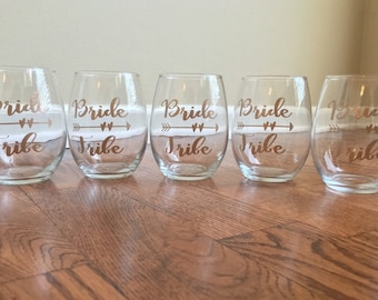 Bride Tribe Wine Glasses, Bridal Party Wine Glasses, Bridesmaid Gifts, Bridal Party Gifts, Stemless Wine Glasses