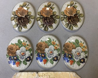 Lovely Vintage Glass flower cabochons. NOS. 40x30mm. Sold by lots of 3 pieces.