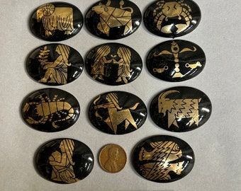 Vintage Cabochons. NOS. 40x30mm zodiac signs. Sold by Set of 11 pieces.