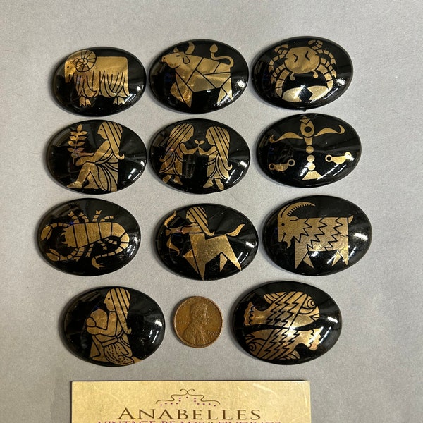 Vintage Cabochons. NOS. 40x30mm zodiac signs. Sold by Set of 11 pieces.