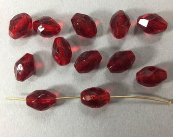 Beads. NOS. 13x10mm, lovely Glass beads, Oval Ruby Red, sold by lots of 12 pieces or gross.