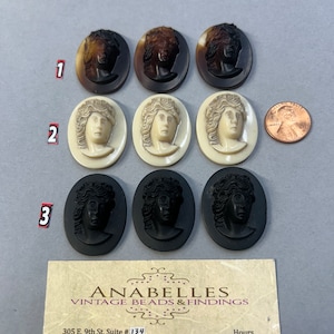 Vintage Cabochons. NOS. 34x26mm. Glass cameos. Sold by lots of 3 pieces.