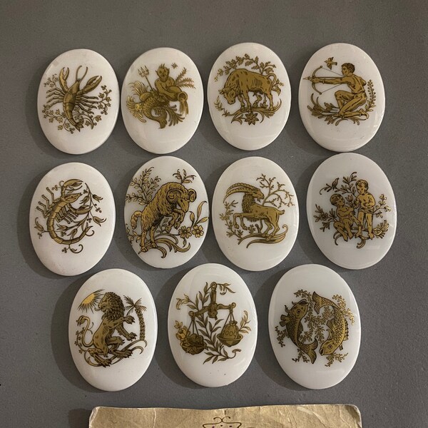 Vintage Constellations Cabochons. NOS. 40x30mm Lovely White/Gold. Glass Zodiac Signs. Sold by piece.