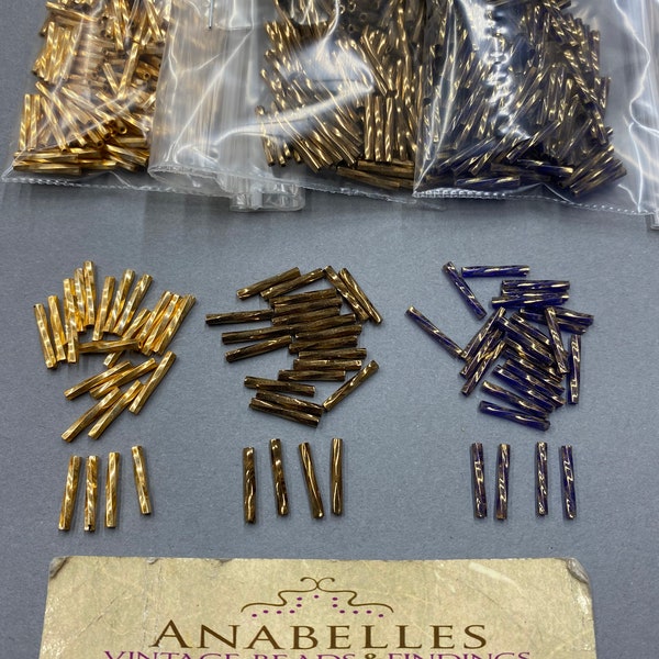 Twisted Bugle beads. NOS. 12x2mm. Vintage glass bugle beads. Sold by 1/2 ounce pack.
