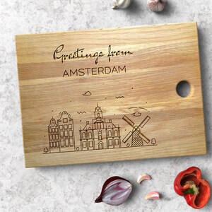 Greetings From Amsterdam - Personalised Large Solid Oak Chopping and Serving Board with Carved Message