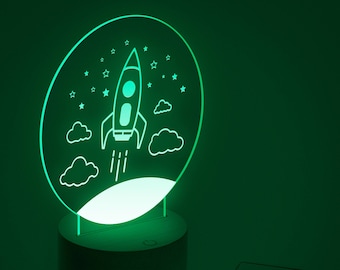 LED colour changing nursery night light or bedside light featuring Rocket design